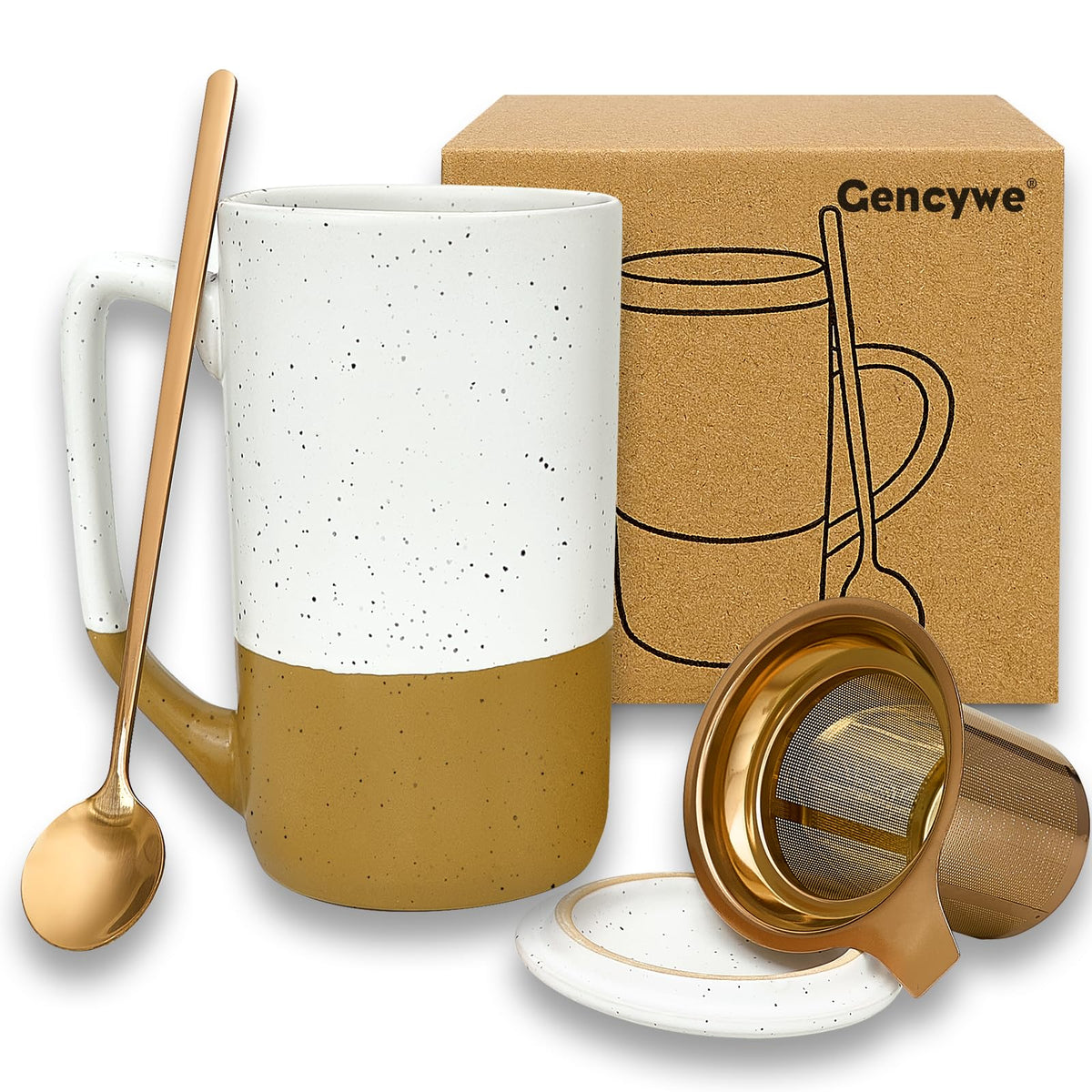 Gencywe Ceramics Large Tea Cup with Loose Leaf Infuser, Spoon and Lid, 16 oz Tall Coffee Mug, Microwave and Dishwasher Safe, Rustic Matte Ceramic Glaze, Tea Strainer, Amber