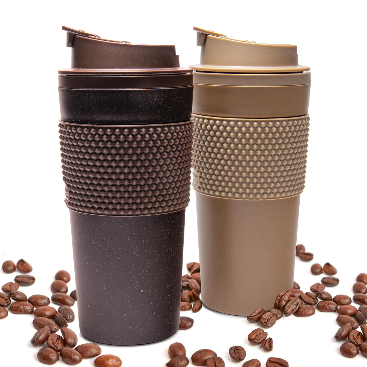 16 oz Coffee Tumbler Set (2 Pack) – Insulated Double Wall Travel Mug with Leak Proof Lid, Cup Holder Friendly, BPA Free Reusable Coffee Cup, Dishwasher & Microwave Safe, Brown