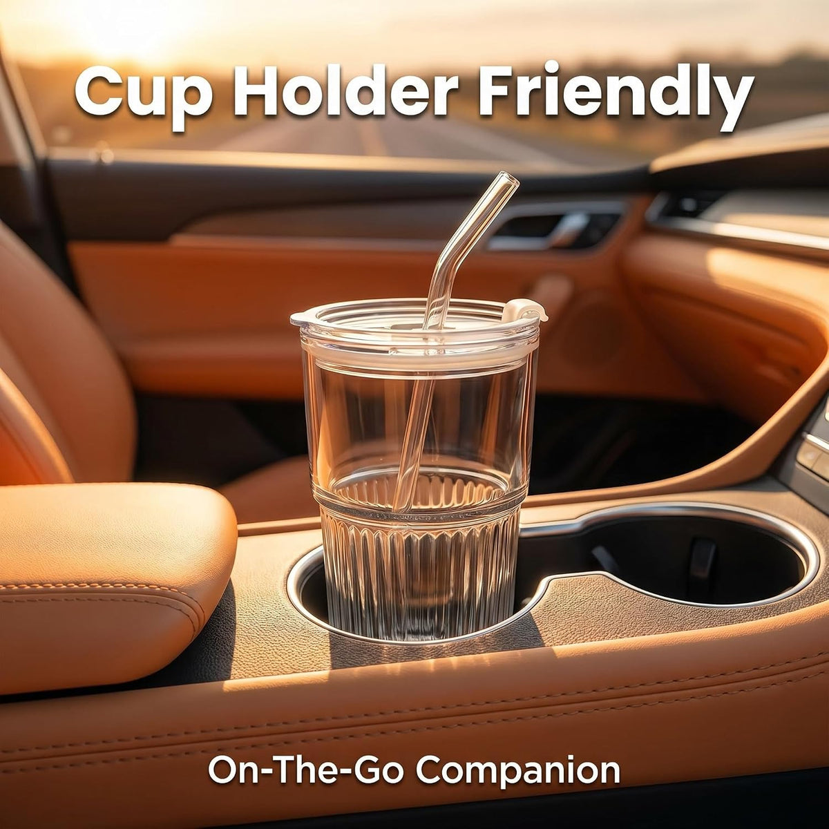 Glass Tumbler with Straw and Lid 16 oz Ribbed Glass Coffee Cups