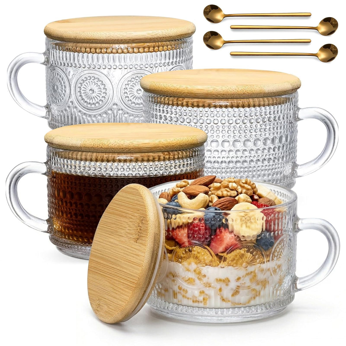 DOPUDO Vintage Glass Coffee Mugs, Overnight Oats Containers With Lids,Glass Cup With Sealed Lid and Spoon,Glass Coffee Mugs, Coffee Bar Accessories, Ideal for Cappuccino, Latte(2-Pack,14oz)