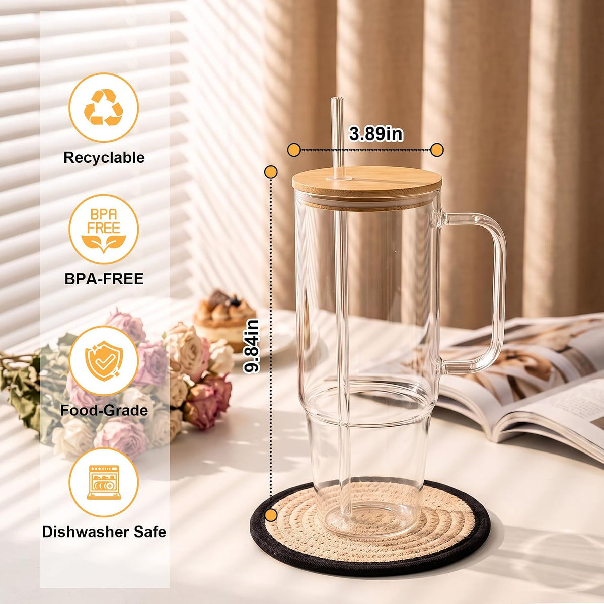 Glass Tumbler with Handle, 40 oz, 2 Pack, with Plastic Lid