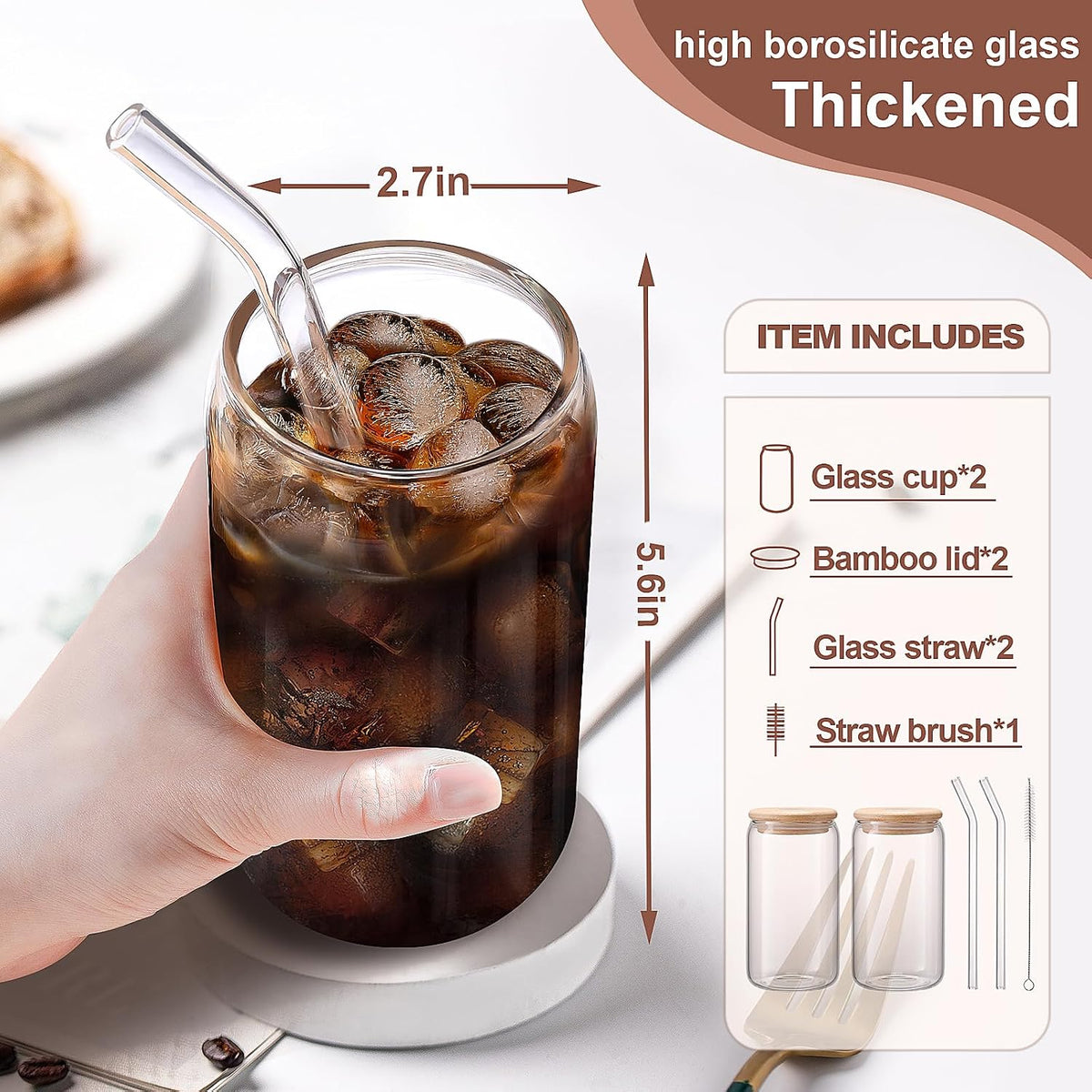 Iced Coffee Cups with Lids,Glass Cups with Lids and Straws,2 Coffee Tumbler