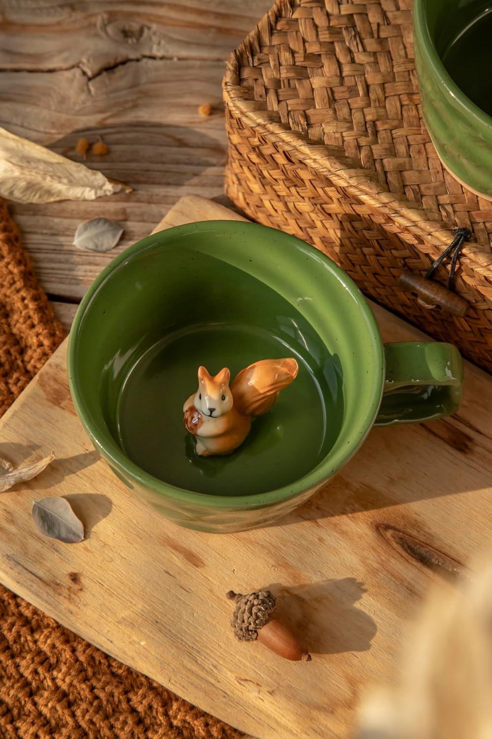 DIHOclub Farmhouse Ceramic Coffee Mug with Squirrel Figurine – Rustic Stoneware Cup, Matte Finish, Ideal for Breakfast & Home Decor (Green Squirrel)