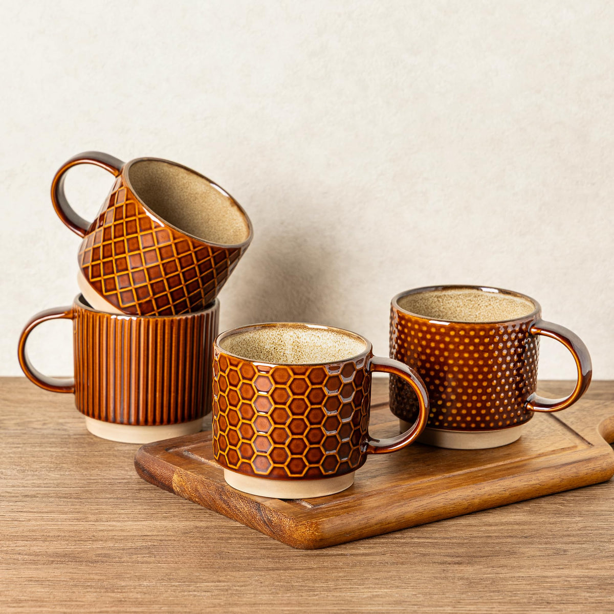 GBhome 15 OZ Stackable Coffee Mugs Set of 4, Ceramic Coffee Cups Set