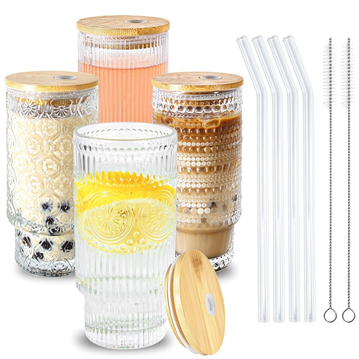 Hobnail Glass Cups with Lids and Straws 16 oz Drinking Glasses