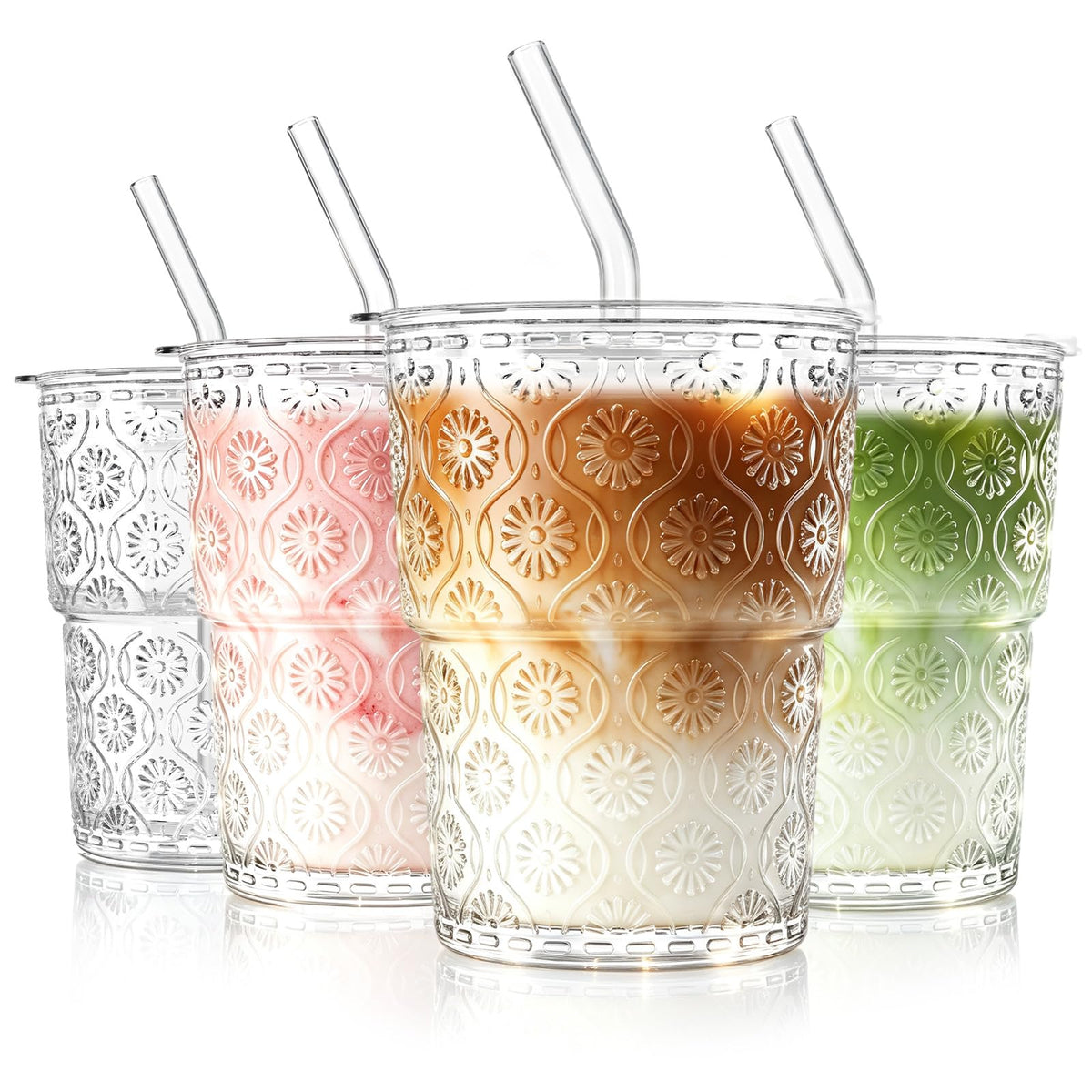 SoulTimes 20oz Ribbed Glass Tumbler with Bamboo Lid and Straw – Iced Coffee Glasses Cups for Smoothie, Matcha, Juice, Water etc. Leakproof and Reusable Glassware Drinking for Travel To Go 【2 Pack】