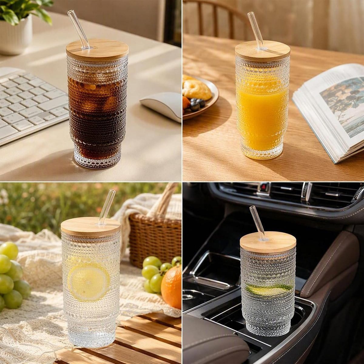 Hobnail Glass Cups with Lids and Straws 16 oz Drinking Glasses