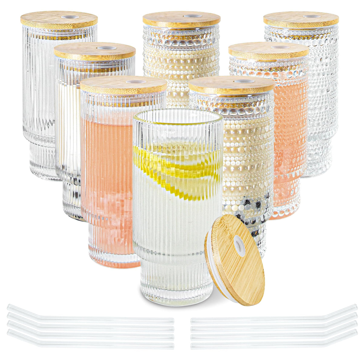 Hobnail Glass Cups with Lids and Straws 16 oz Drinking Glasses
