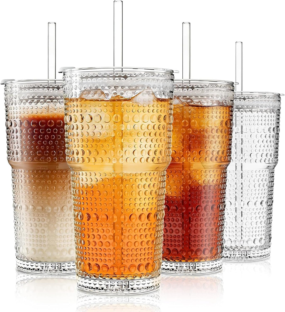 INSETLAN 20 oz Hobnail Glass Cups with Lids and Glass Straws – 4 Pieces, Thick-Walled Glass Tumblers for Iced Coffee, Smoothies, Milk, Water, Juice, and More – Elegant and Durable Drinking Glasses
