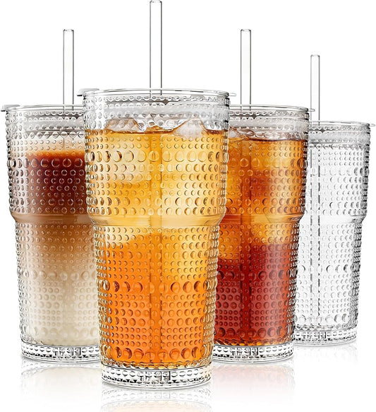 INSETLAN 20 oz Hobnail Glass Cups with Lids and Glass Straws – 4 Pieces, Thick-Walled Glass Tumblers for Iced Coffee, Smoothies, Milk, Water, Juice, and More – Elegant and Durable Drinking Glasses