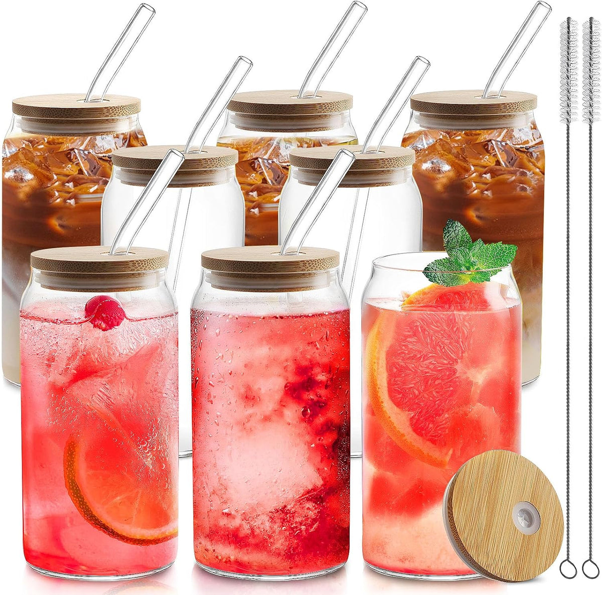 8pcs 20oz Glass Cups with Bamboo Lids and Straws，Iced Coffee Cups with Lids