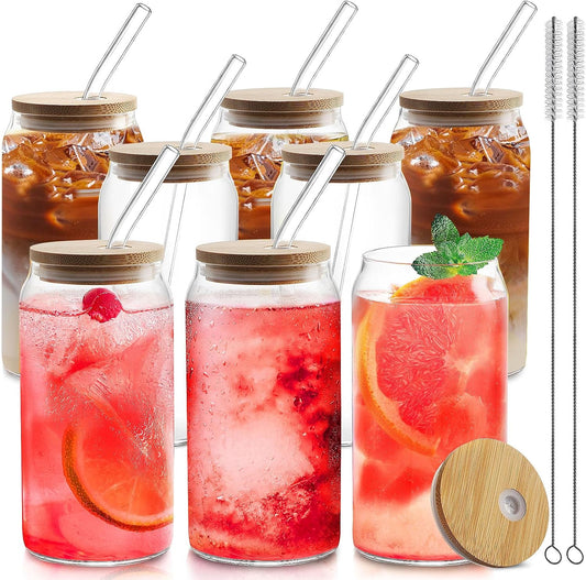 8pcs 20oz Glass Cups with Bamboo Lids and Straws，Iced Coffee Cups with Lids