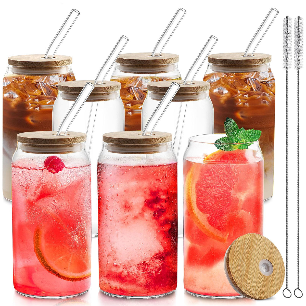 8pcs 20oz Glass Cups with Bamboo Lids and Straws，Iced Coffee Cups with Lids