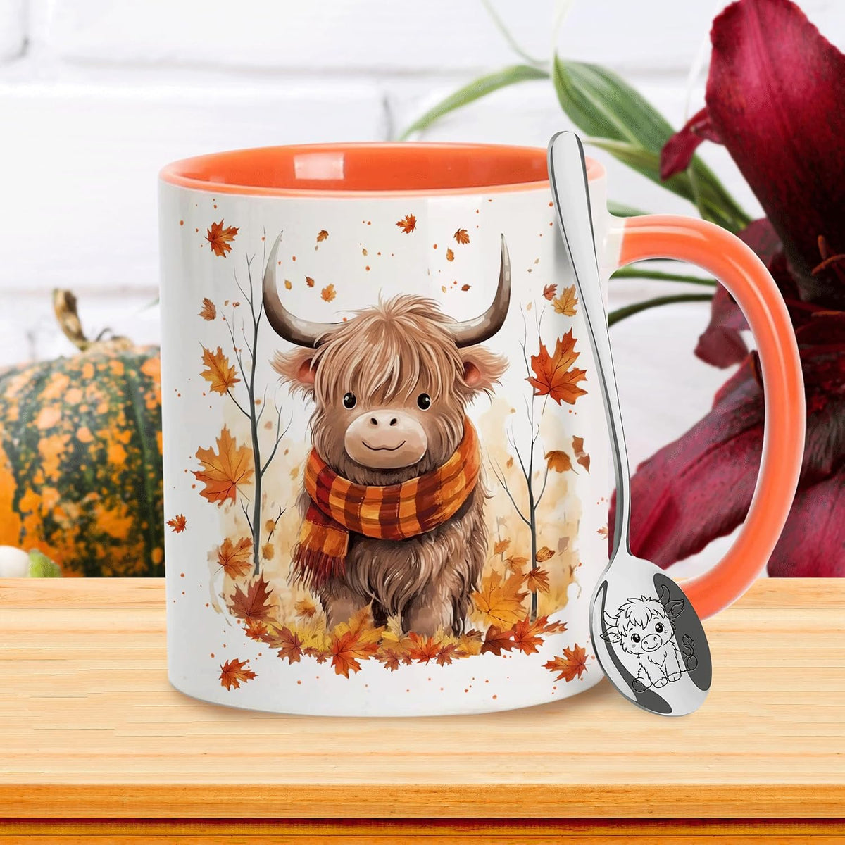 Hyturtle Fall Highland Cow Maple Leave Coffee Mug with Spoon Gift For Women