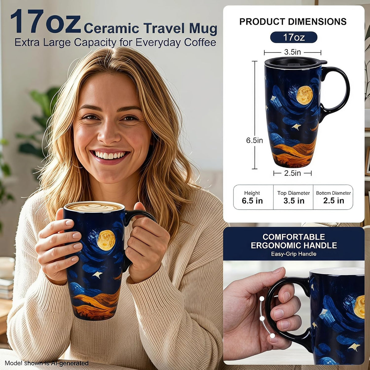 Topadorn 17oz Ceramic Travel Mug with Lid, Starry Night Inspired Coffee Mug