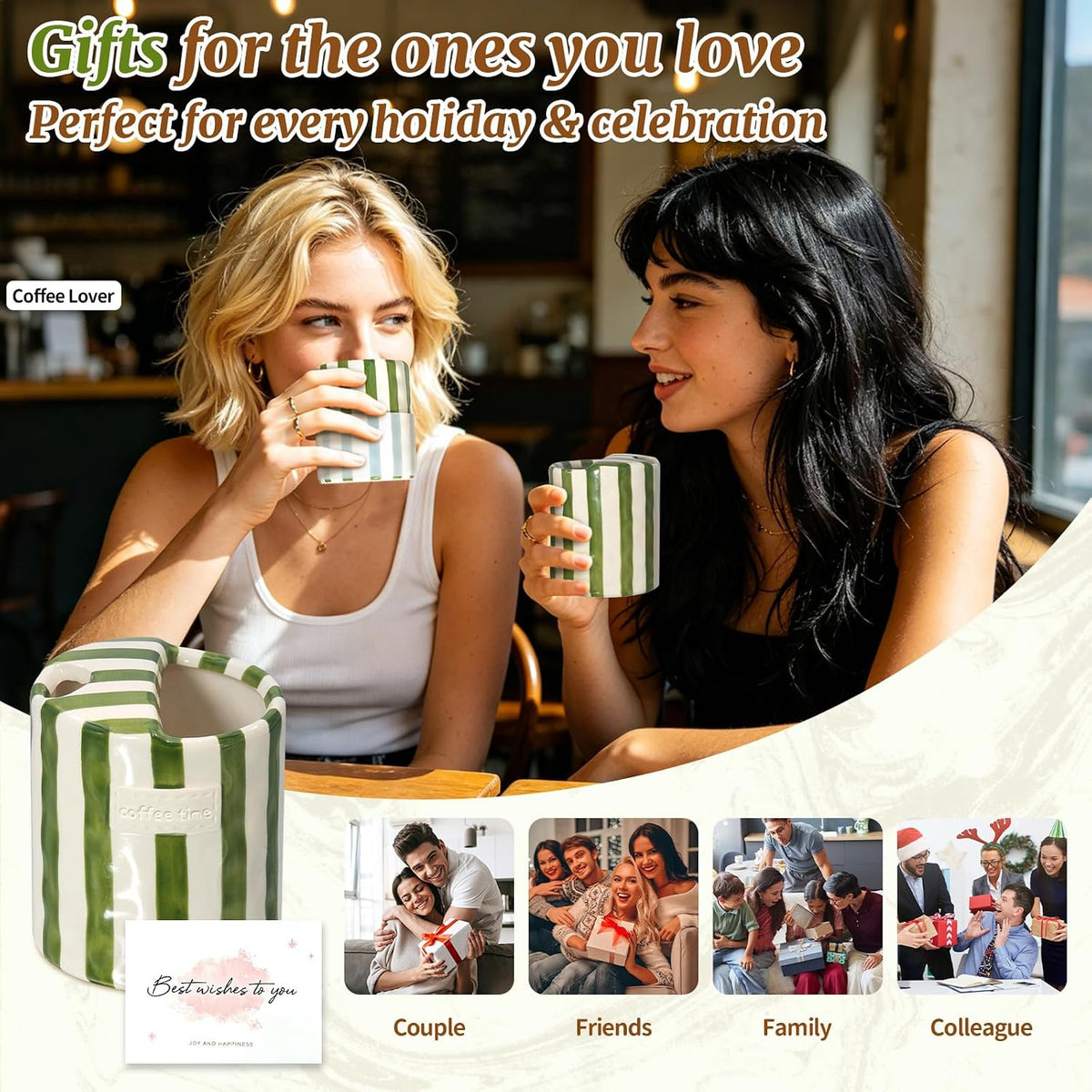 10 oz Ceramic Coffee Mug with Sip Hole & Silicone Sleeve, Green