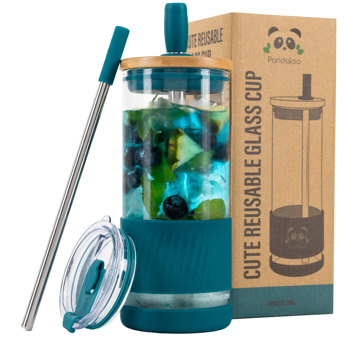 Pandaloo® Glass Cups With Lids and Straws -20 Fl Oz- Perfect Size Iced Coffee Cup - Smoothie Cup With Bamboo Lid and On the go Lid (Creamy Mushroom, 1 Count (Pack of 1)