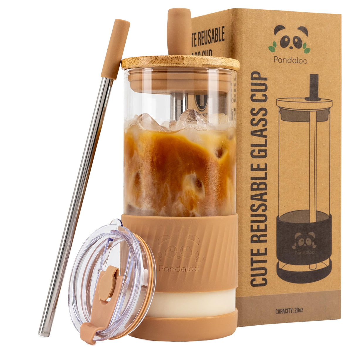 Pandaloo® Glass Cups With Lids and Straws -20 Fl Oz- Perfect Size Iced Coffee Cup - Smoothie Cup With Bamboo Lid and On the go Lid (Creamy Mushroom, 1 Count (Pack of 1)
