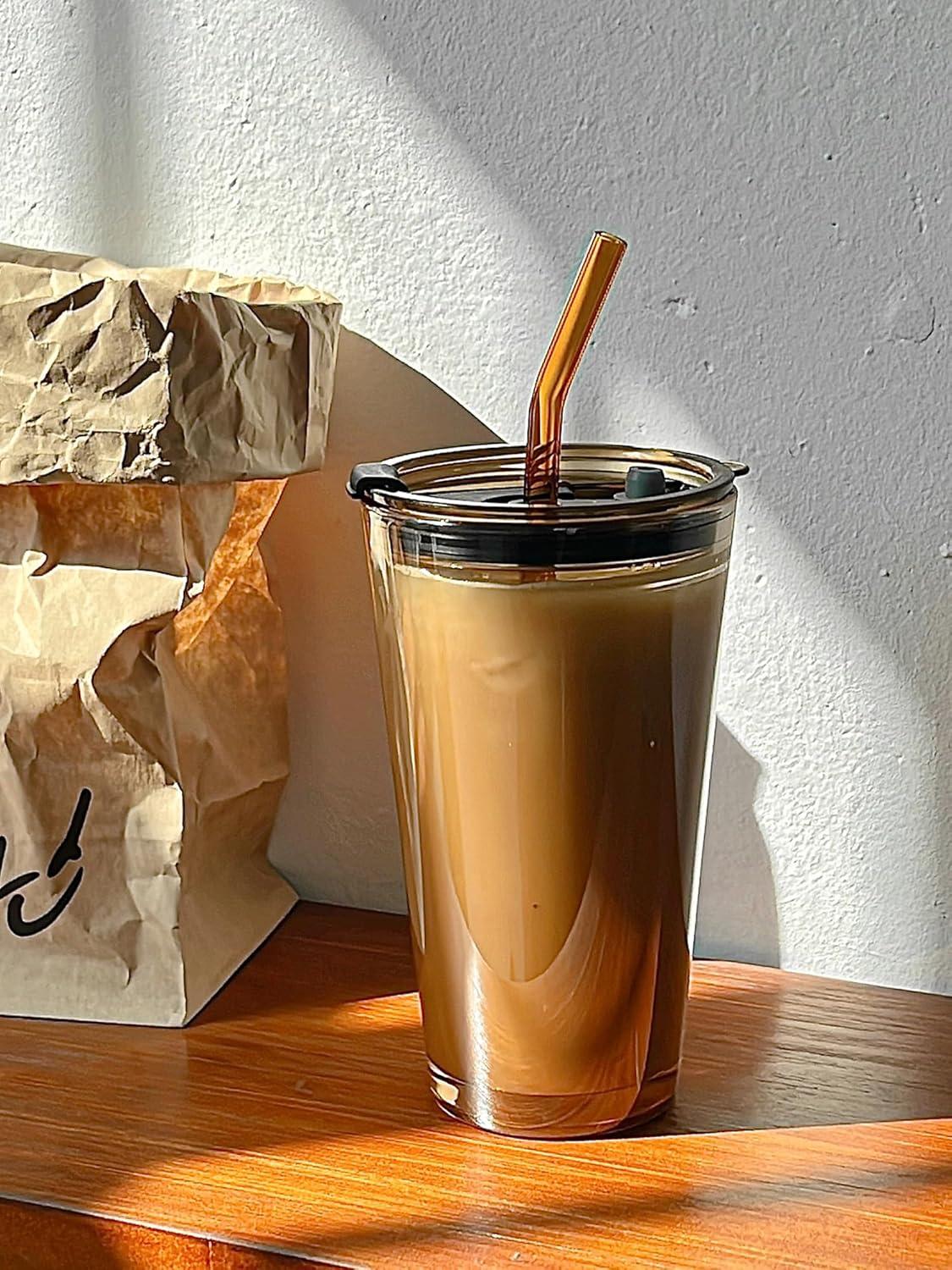 Olvini 15oz Glass Tumbler with Straw and Lid, Cute Iced Coffee Cups, Aesthetic Glass Cups, Coffee Tumbler, Water Cup, Matcha Cup, Drinking Glasses (Amber)