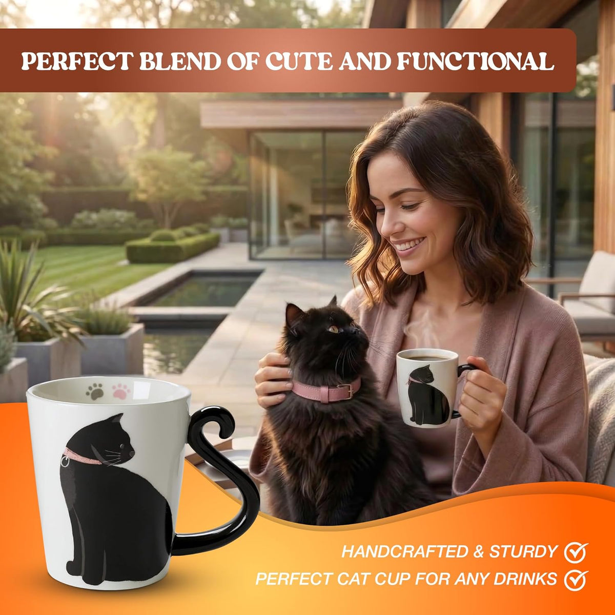 VOTUM Black Cat Coffee Mug, Novelty, 12 oz White Ceramic Tea Cup