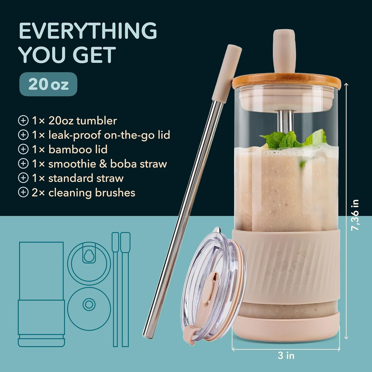 Pandaloo® Glass Cups With Lids and Straws -20 Fl Oz- Perfect Size Iced Coffee Cup - Smoothie Cup With Bamboo Lid and On the go Lid (Creamy Mushroom, 1 Count (Pack of 1)