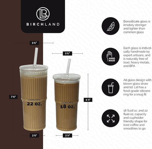Birchland All Glass Iced Coffee Cup with Lid and Straw, Ribbed Glass Tumbler Set of 2 (22 oz ribbed)