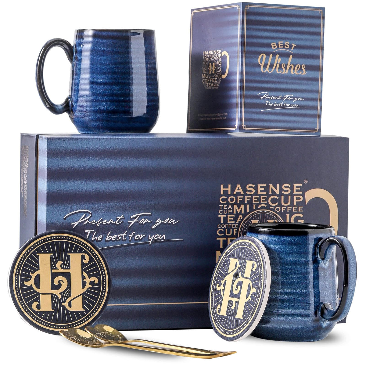 HASENSE Coffee Mugs Set of 4, 15 Ounce Ceramic Coffee Cups with Handle, Large Mug Set for Latte, Tea, Chocolate, Modern Cup Gift for Men and women, Dishwasher & Microwave Safe(Blue)