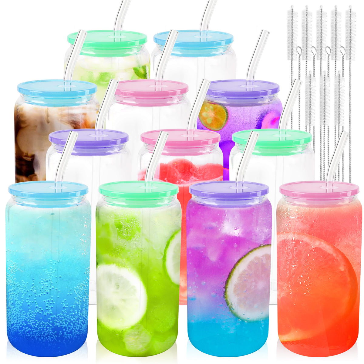 Joyclub 8pcs 16Oz Glass Cups with Acryic Lids and Straws Drinking Glasses