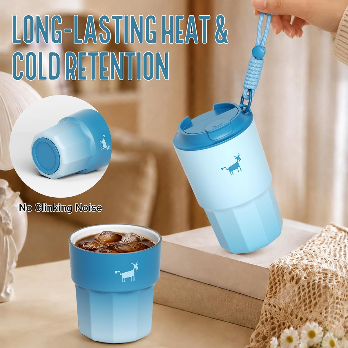 CHEERFUL GOAT Ceramic Lined Coffee Mug – Stainless Steel Travel insulated Tumbler with Ceramic Liner, with lid, 10oz Cup for Hot and Cold Water Coffee at Home, Office, or On the Go (Blue)