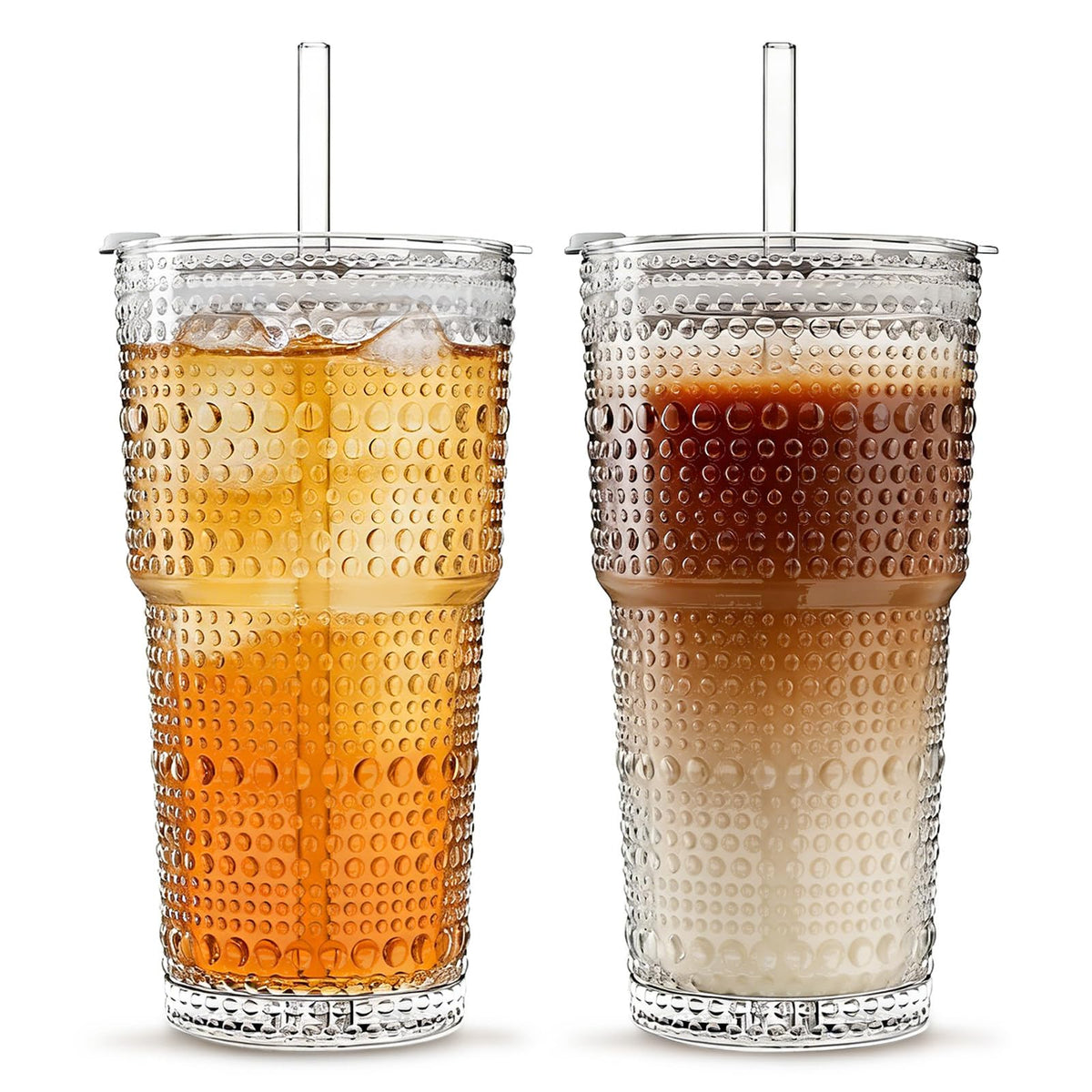 INSETLAN 20 oz Hobnail Glass Cups with Lids and Glass Straws – 4 Pieces, Thick-Walled Glass Tumblers for Iced Coffee, Smoothies, Milk, Water, Juice, and More – Elegant and Durable Drinking Glasses