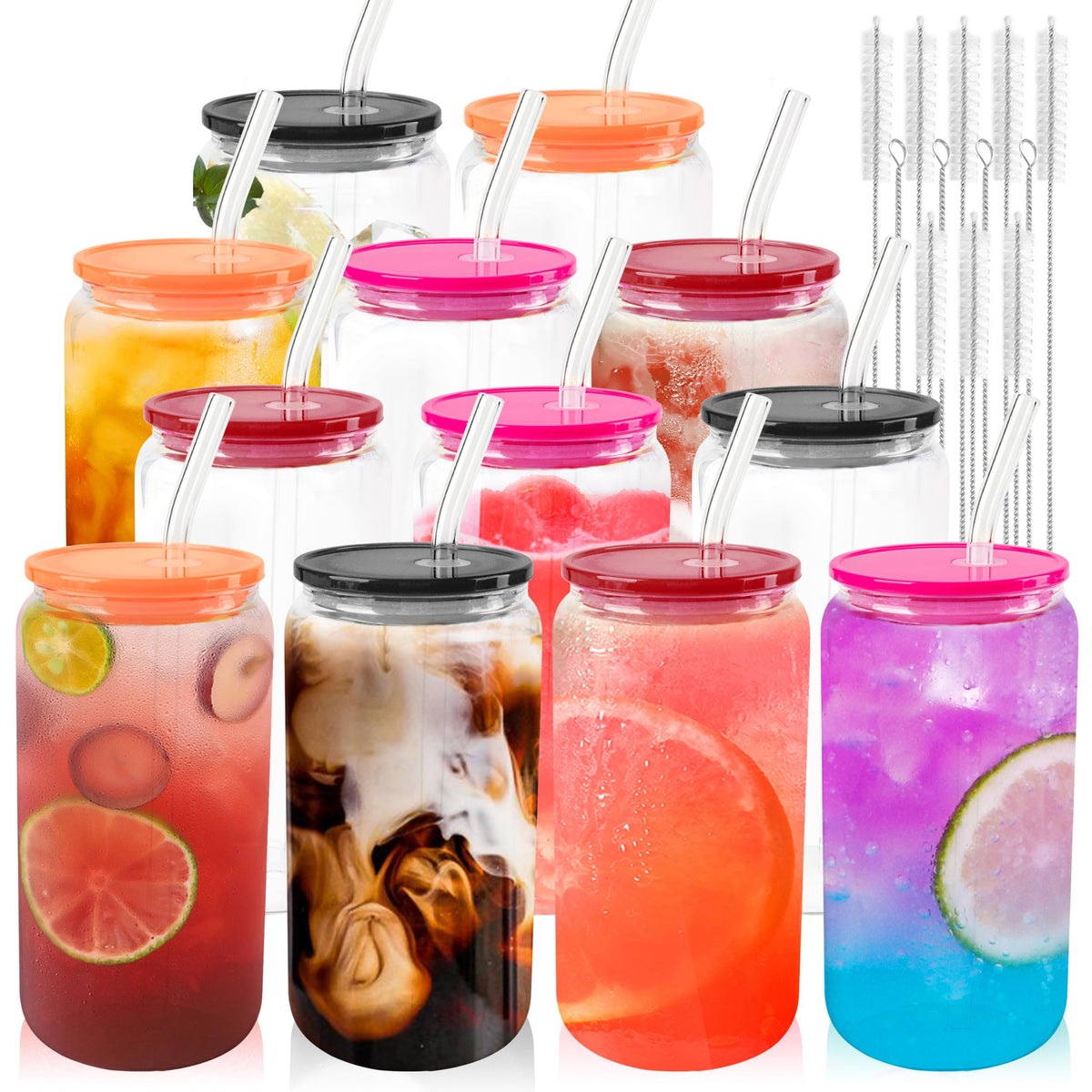 Joyclub 8pcs 16Oz Glass Cups with Acryic Lids and Straws Drinking Glasses