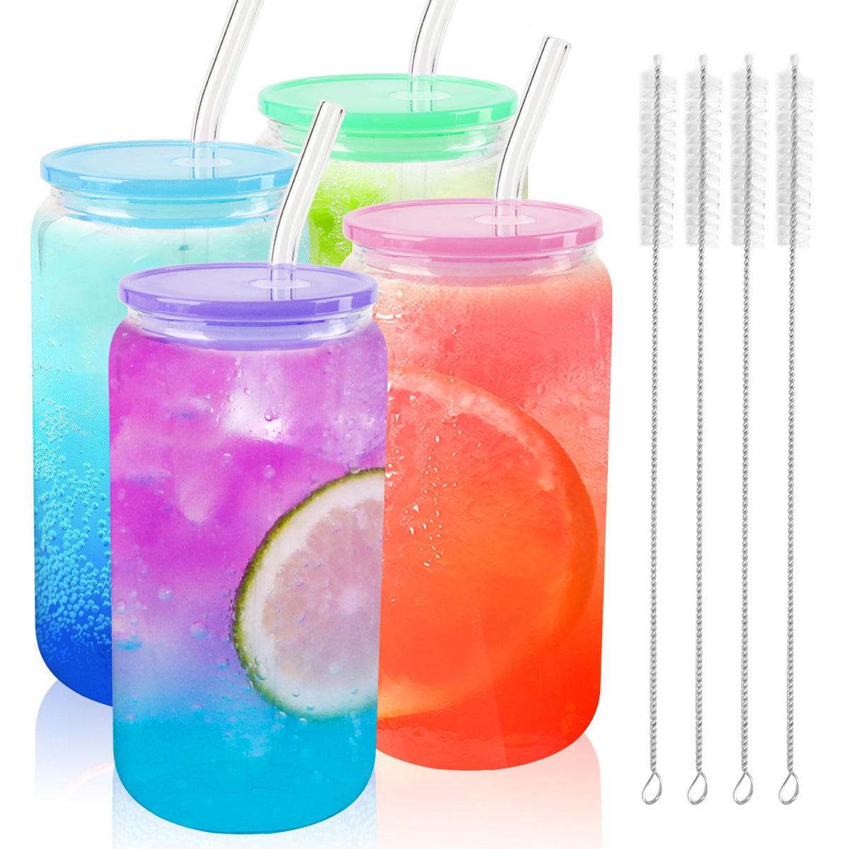 Joyclub 8pcs 16Oz Glass Cups with Acryic Lids and Straws Drinking Glasses