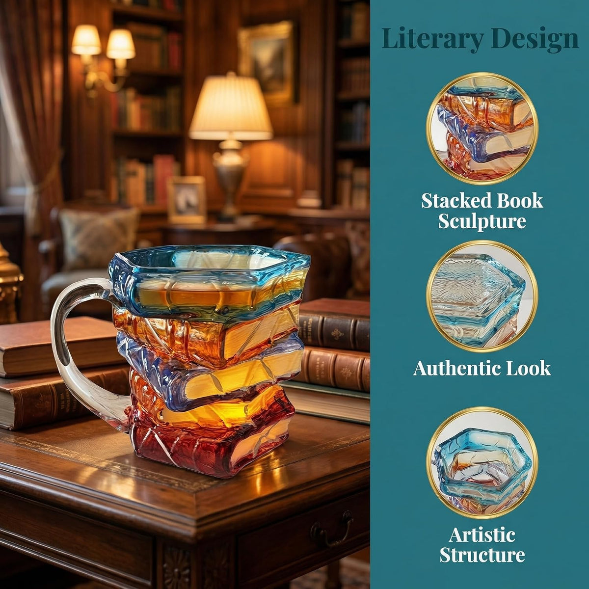 3D Painted Book Stack Glass Coffee Mug, 12 oz Colorful Heat-Resistant Cup, Christmas & Holiday Gifts for Books Lovers, Readers, Writers, Librarians, Book Club and Bookworm Fans