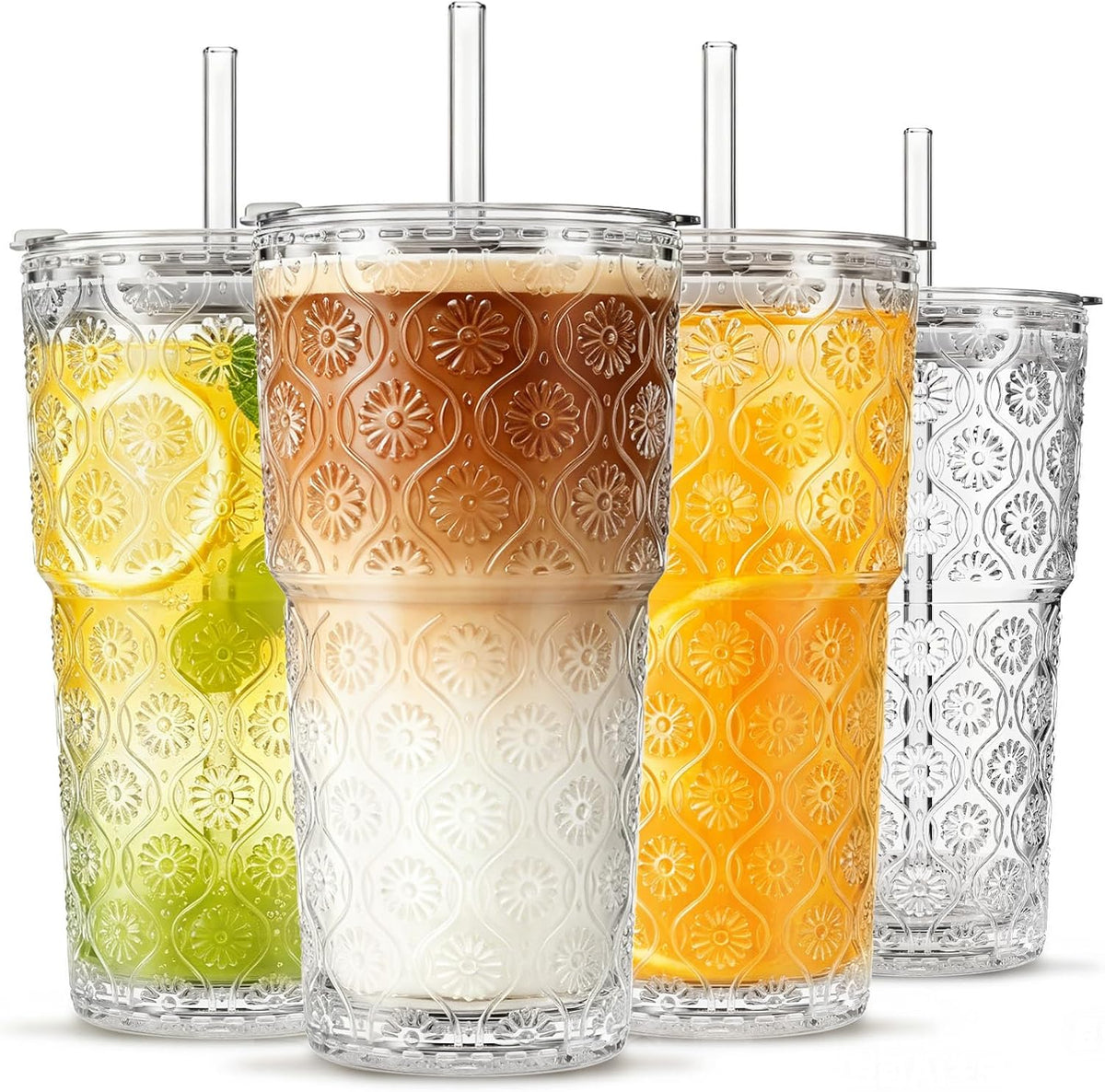 INSETLAN 20 oz Iced Coffee Cups with Lids and Straw, Set of 4 Glass Tumbler