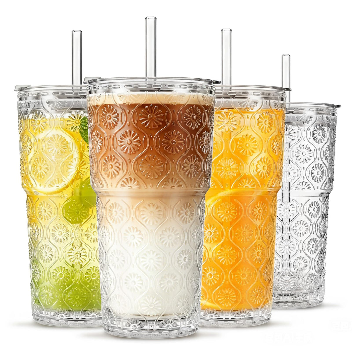 INSETLAN 20 oz Iced Coffee Cups with Lids and Straw, Set of 4 Glass Tumbler