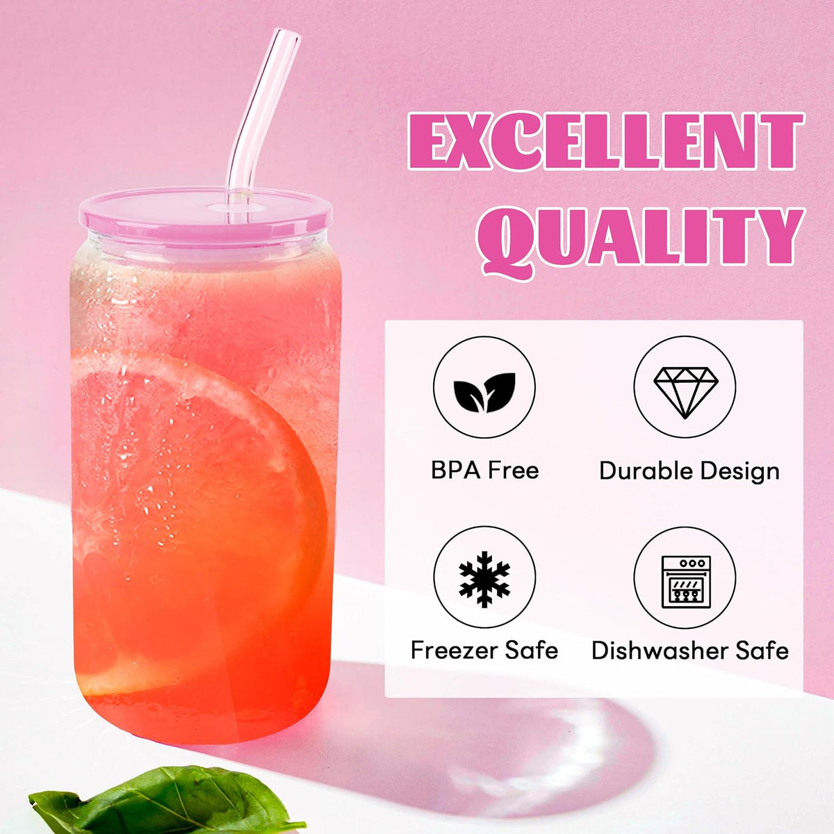 Joyclub 8pcs 16Oz Glass Cups with Acryic Lids and Straws Drinking Glasses