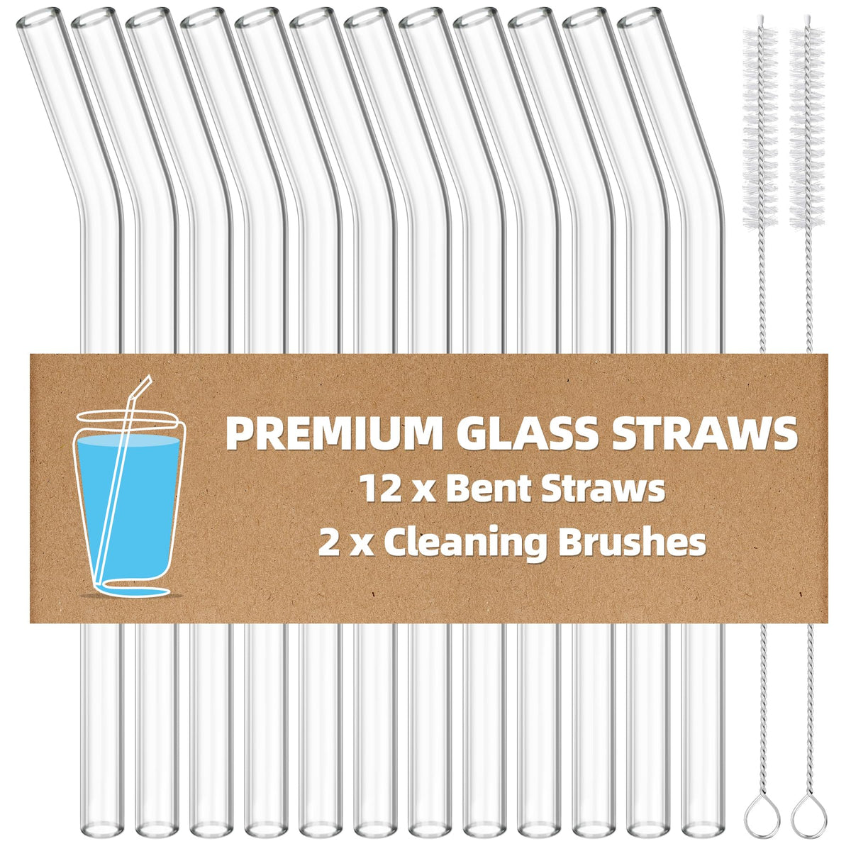 Antner 12 Pack Reusable Glass Straw, 8.5" x 10MM Bent Clear Glass Drinking Straws for Hot & Cold Drinks, 2 Cleaning Brushes Included
