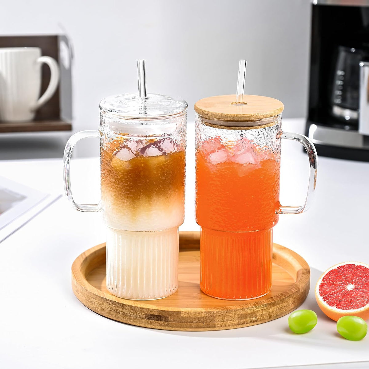 32oz Glass Cups with Handle Lids and Straws, Borosilicate Glass Tumblers for Iced Coffee, Smoothies, Fruit Drinks. Reuseable Glasses Cups for Cold/Hot Water (glass lid 1 pack)