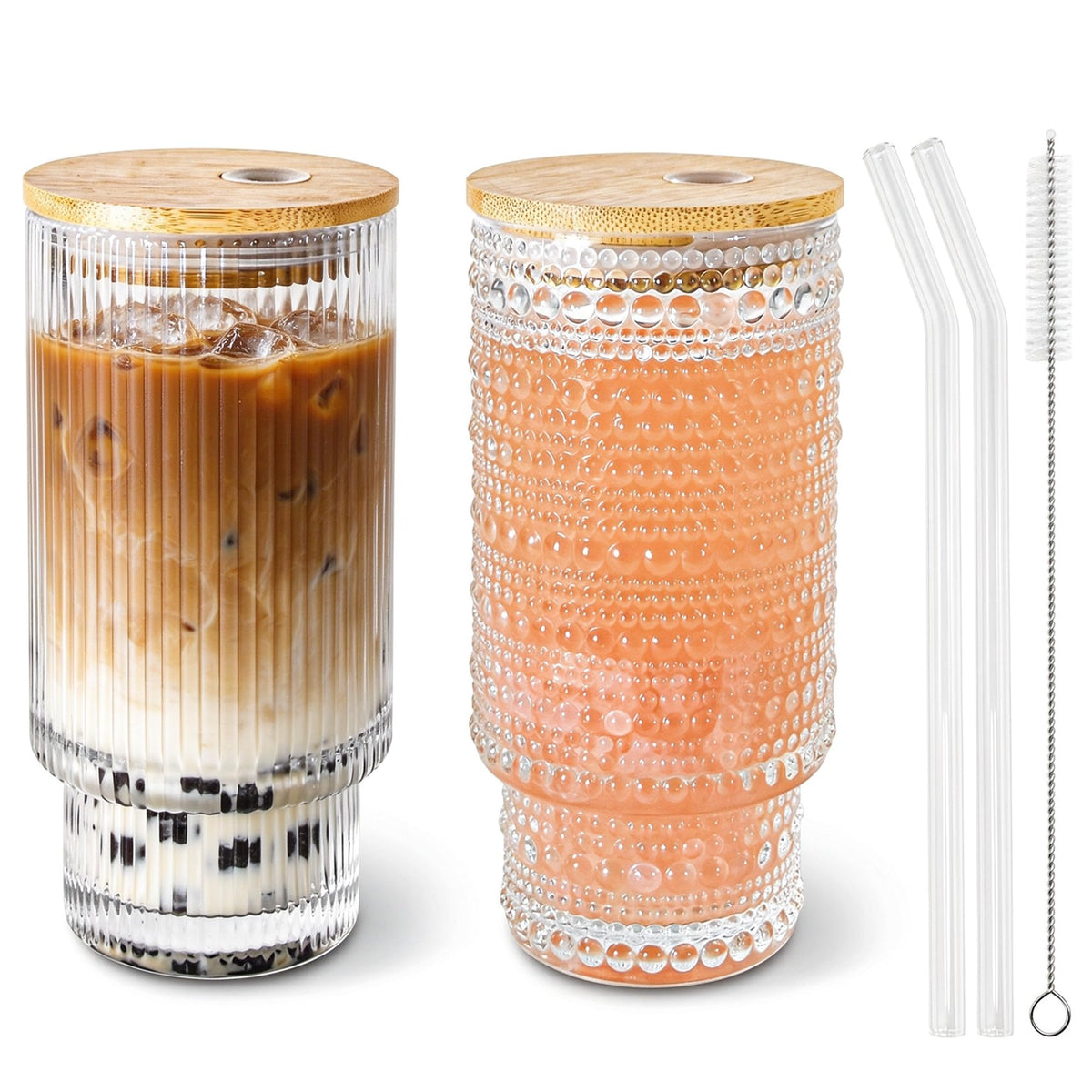 Hobnail Glass Cups with Lids and Straws 16 oz Drinking Glasses