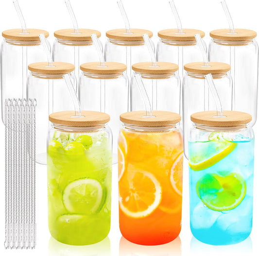 Joyclub 12Pcs Glass Cups with Bamboo Lids and Straws Bulk 16 oz Can Shaped