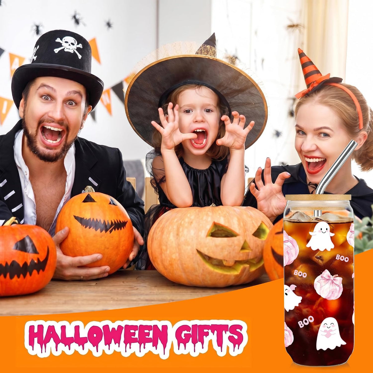 Joeyan Pink Halloween Glass Cups, Glass Tumbler with Lids and Straws, Cute Ghost Pumpkin Iced Coffee Cup, Reusable Soda Can Shaped Smoothie Drinking Glass, Halloween Gifts for Women, 20 oz