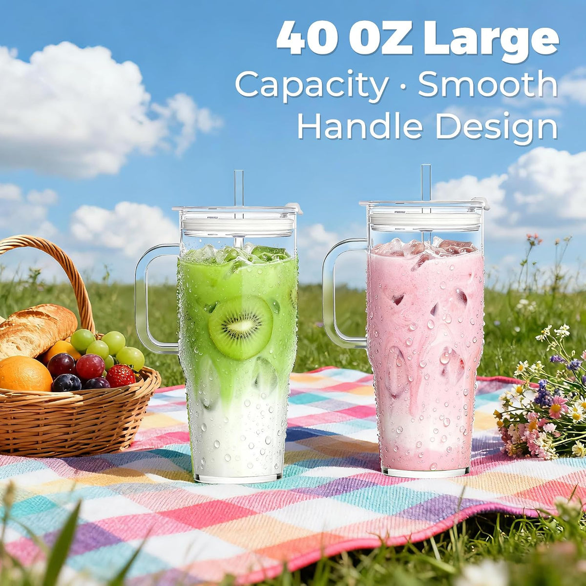 Birity 2Pack 40OZ Glass Tumbler with Handle,Glass Cup with Lid and Straw,Reusable Glass Iced Coffee Cup for Beer, Smoothies, Juice,Hot/Cold Drinks-Suitable for Birthday,Wedding