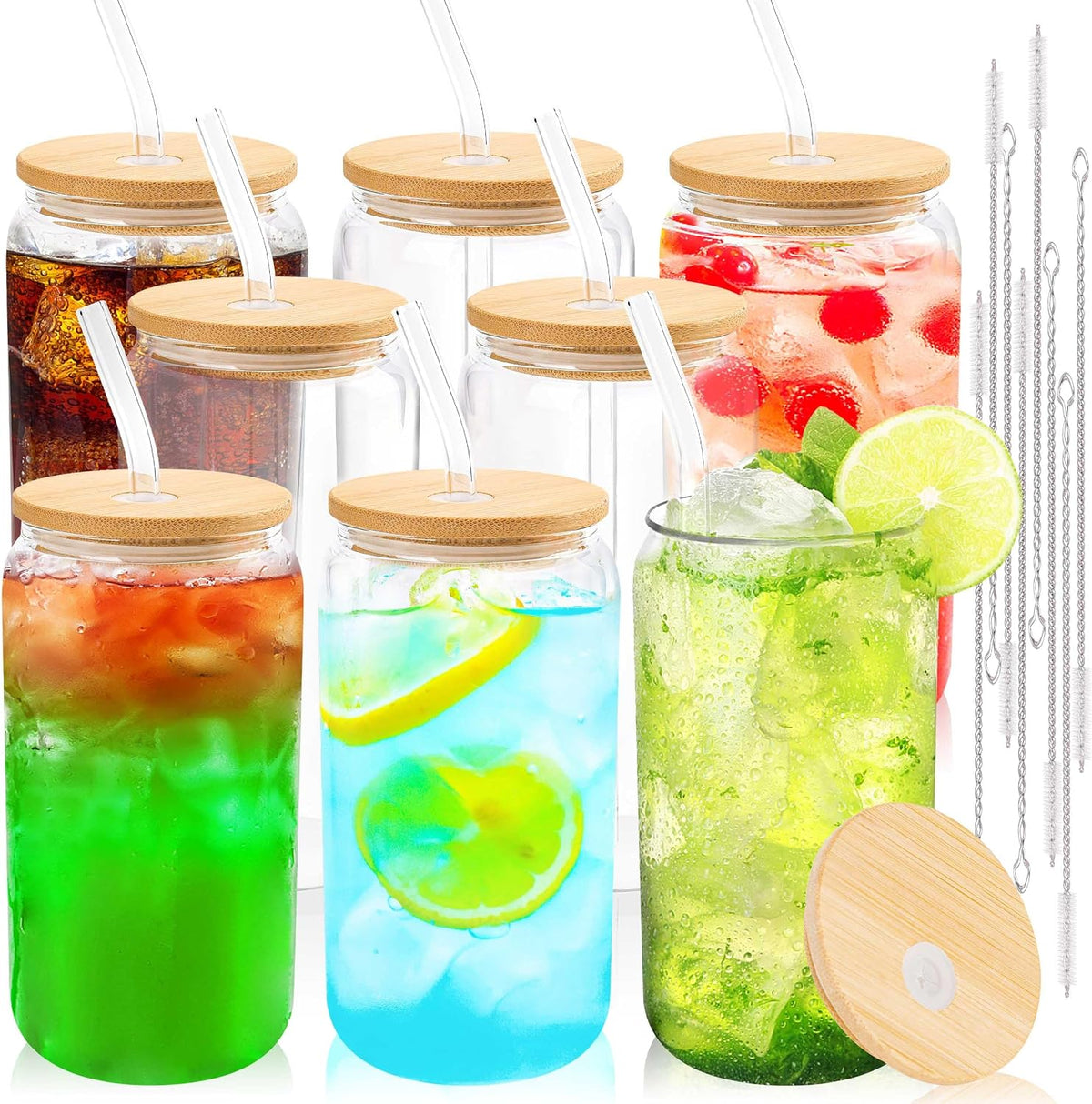 Joyclub 8pcs 16Oz Glass Cups with Bamboo Lids and Straws Drinking Glasses