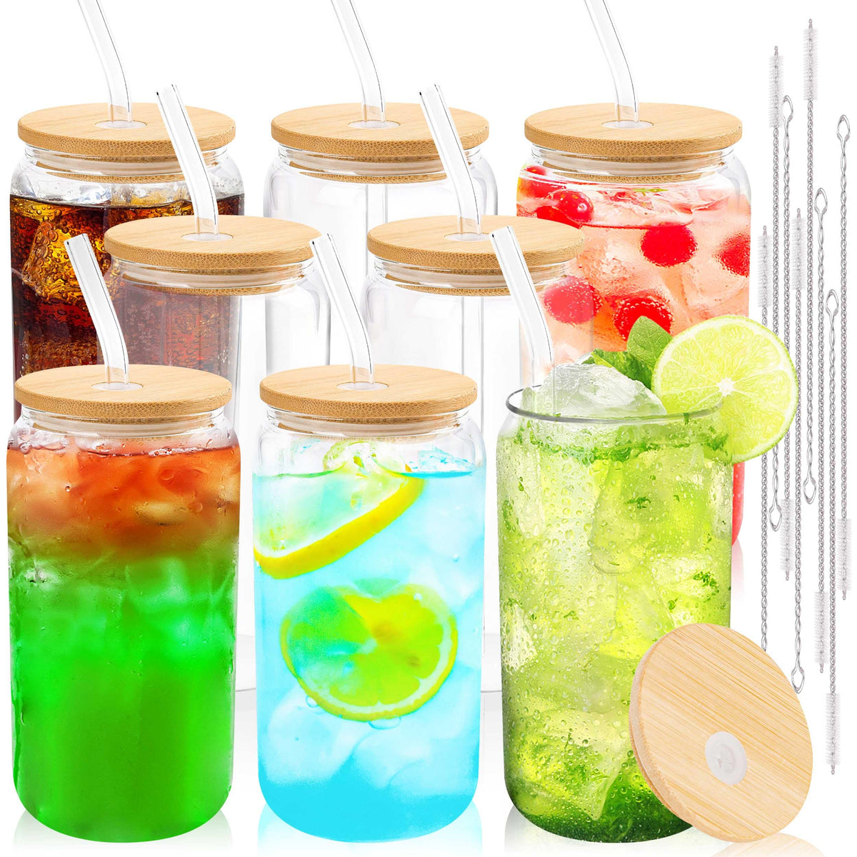 Joyclub 8pcs 16Oz Glass Cups with Bamboo Lids and Straws Drinking Glasses