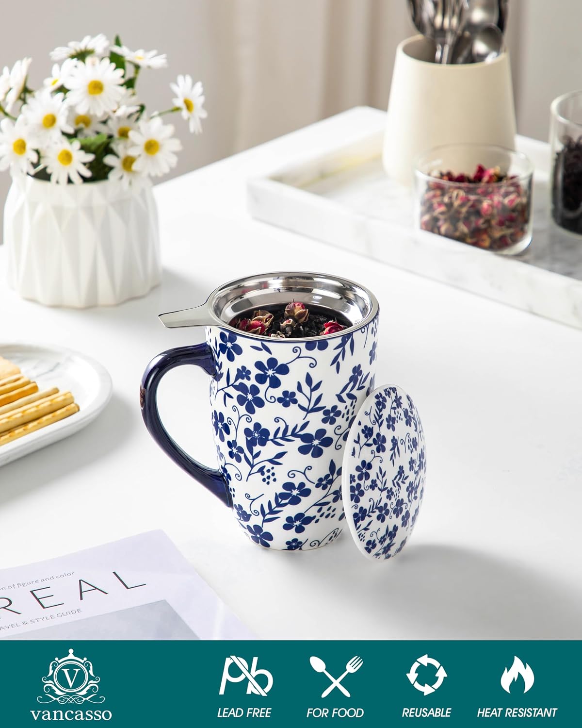vancasso SELENE Porcelain Tea Mug, 18 oz Porcelain Tea Cup with Infuser and Lid Steeps Loose Leaf Tea, Microwave & Dishwasher Safe, Five-Leaf Clover