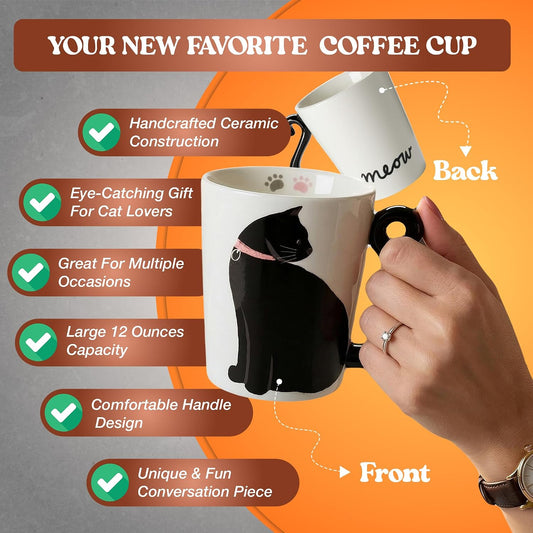 VOTUM Black Cat Coffee Mug, Novelty, 12 oz White Ceramic Tea Cup