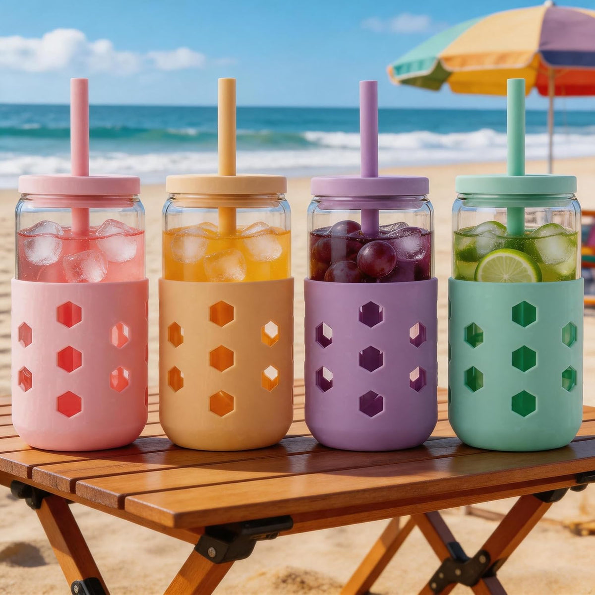 Mrsdry 16 oz Glass Cups with Lids and Straws for Gift, 4-Pack, Mint