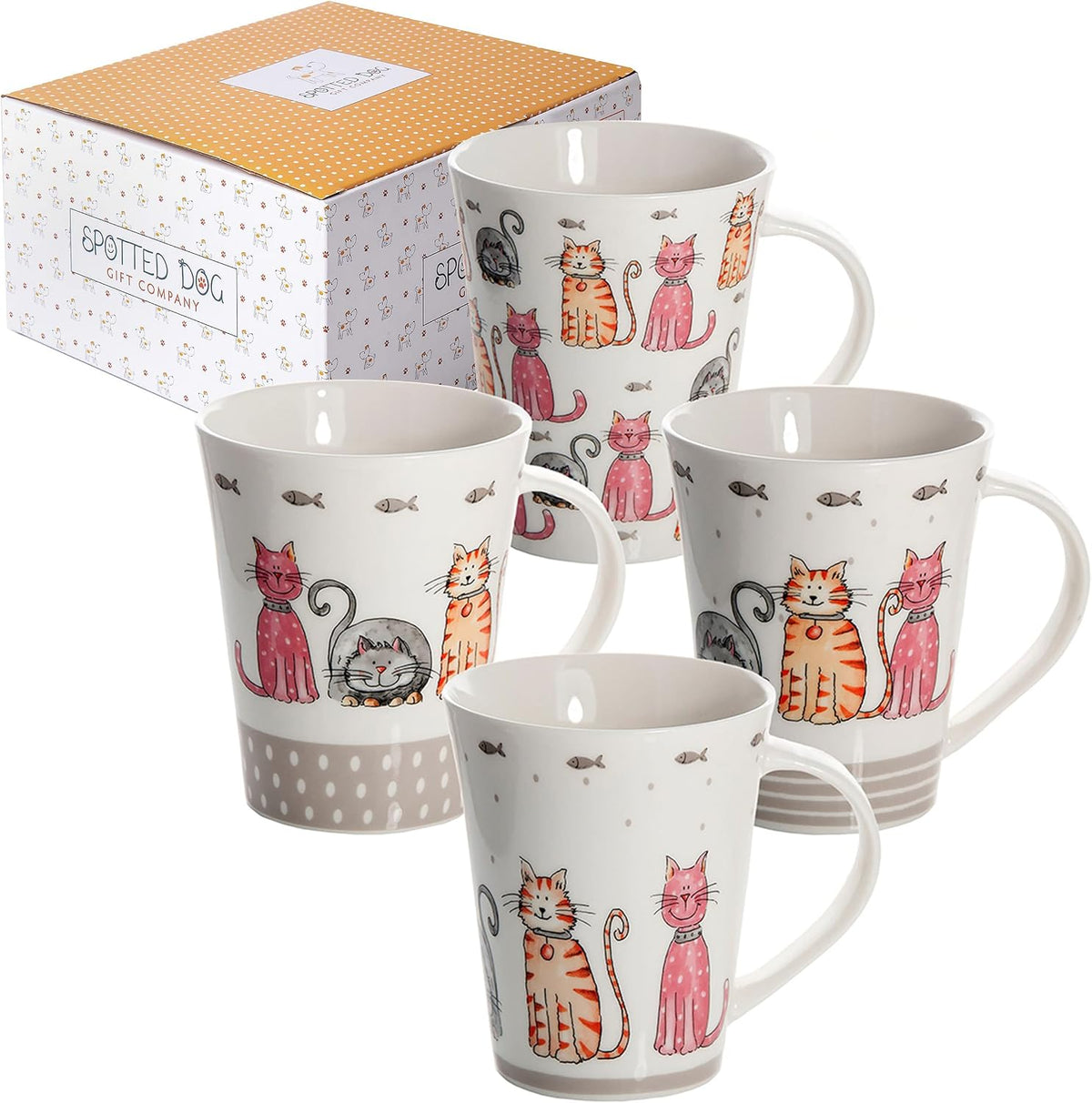 SPOTTED DOG GIFT COMPANY Cat Mugs, 12.2 oz Coffee Mug Set of 4, Happy Cats Themed Ceramic Tea Cups, Microwave & Dishwasher Safe, Cute Cat Gifts for Women and Animal Lovers
