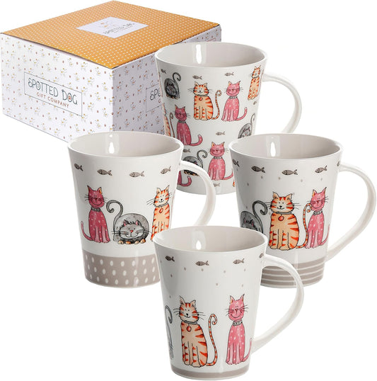 SPOTTED DOG GIFT COMPANY Cat Mugs, 12.2 oz Coffee Mug Set of 4, Happy Cats Themed Ceramic Tea Cups, Microwave & Dishwasher Safe, Cute Cat Gifts for Women and Animal Lovers