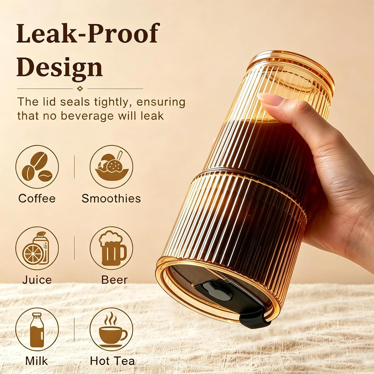 20oz Iced Coffee Cup, Ribbed Glass Tumbler with Straw and Lid